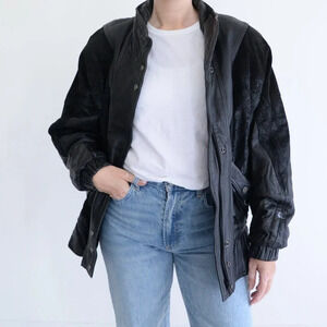 Vintage Giii Black Leather &  Suede Floral Design Zip Up Bomber Jacket Medium